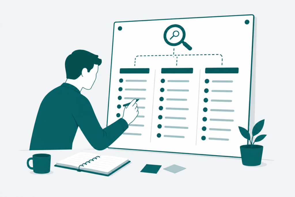 Flat vector illustration in a clean, professional business style. 
Color palette: teal/dark green, light gray background (#f0f4f5), and white. 
No gradients. Simple, modern character design with no facial expressions (faceless characters).
The scene depicts: a person carefully assigning and distributing specific search keywords to two distinct sites — a corporate site on one side and an owned media platform on the other — methodically deciding which keywords belong to which site based on their purpose and audience, conveying that keyword strategy for a business with both a corporate site and an owned media platform requires deliberate planning about which site should target which search terms so that each site plays its own clearly defined role in the overall search visibility strategy without competing against itself.
Wide horizontal composition suitable for a blog article inline image.
No text in the image.
Do not include any currency symbols, dollar signs, coins, or money-related icons.
Do not use these overused compositions: person sitting at laptop, person walking on a path, person presenting at a whiteboard, upward arrow graph as background, circular icon badges or icons inside circles, browser windows, UI panels, gemstones, diamonds, or jewelry shapes.
Keep the composition clean and minimal — limit to 1 human figure actively sorting and assigning keywords to two clearly distinct destinations on either side, use generous white space, and convey the deliberate and organized nature of keyword allocation across two different sites.